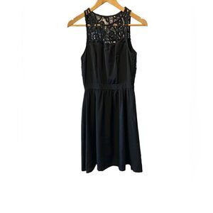 SISTERS Black Lace Top Sheer Back Mid Length Sleeveless Dress 34